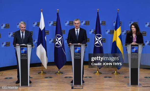 Secretary General Jens Stoltenberg , Finland Ministers for Foreign Affairs Pekka Haavisto and Sweden Foreign minister Ann Linde give a press...