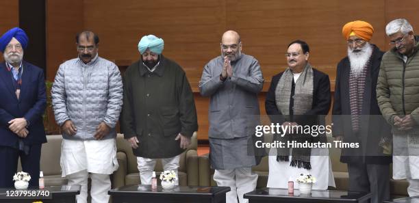 Union Home Minister Amit Shah with Punjab Lok Congress party leader Captain Amarinder Singh, BJP President JP Nadda and Shiromani Akali Dal S.S....