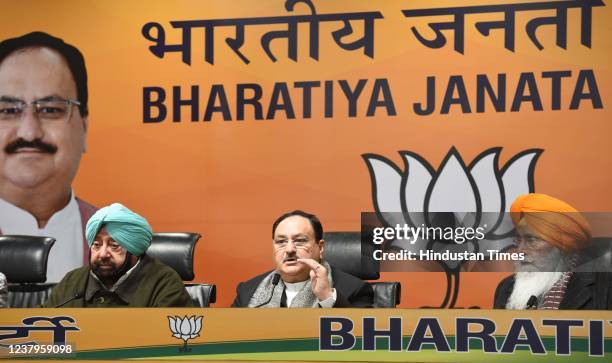 Punjab Lok Congress party leader Captain Amarinder Singh, BJP President JP Nadda and Shiromani Akali Dal S.S. Dhindsa during a press conference, at...