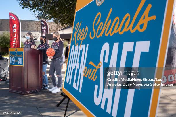 Van Nuys, CA Arleta high basketball players, L to R, Maribel Rodriguez, Erika Cajero,and Destiny Salcedo, voice their support for a mandatory...