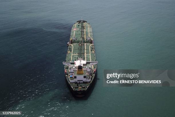 View of the Italian oil cargo ship, Mare Doricum, which caused the oil spill while unloading at the refinery belonging to the Spanish company Repsol...