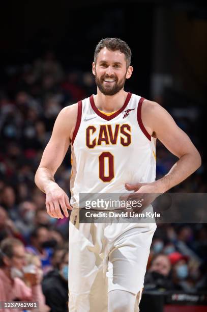 Kevin Love of the Cleveland Cavaliers smiles during the game against the New York Knicks on January 24, 2022 at Rocket Mortgage FieldHouse in...