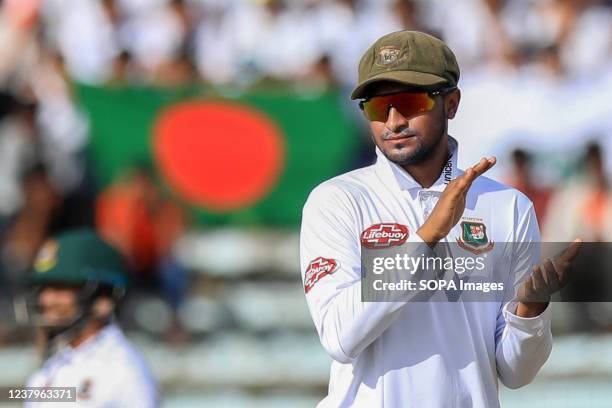 Bangladesh cricketer Shakib Al Hasan cheers during one-off cricket Test match between Afghanistan vs Bangladesh at the Zohur Ahmed Chowdhury Stadium...