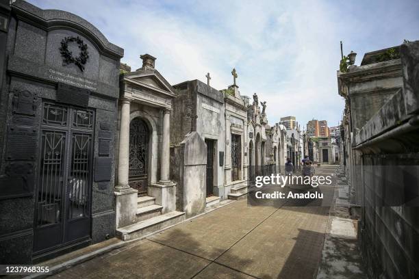 View of Recoleta Cemetery containing the graves of notable people, including Eva Peron, presidents of Argentina, Nobel Prize winners, the founder of...
