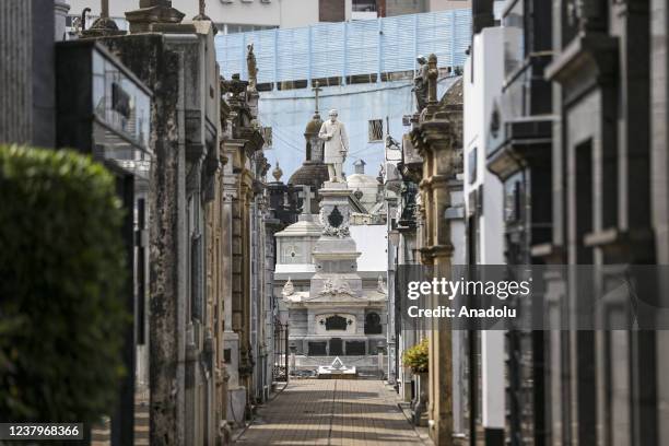 View of Recoleta Cemetery containing the graves of notable people, including Eva Peron, presidents of Argentina, Nobel Prize winners, the founder of...