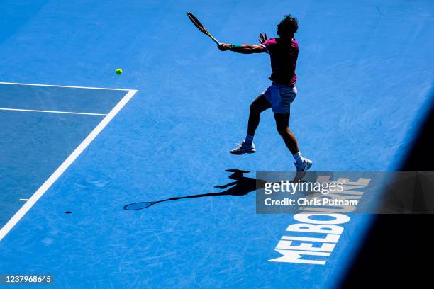 Rafael Nadal of Spain beats Denis Shapovalov of Canada on day 9 of the 2022 Australian Open at Melbourne Park on January 25, 2022 in Melbourne,...