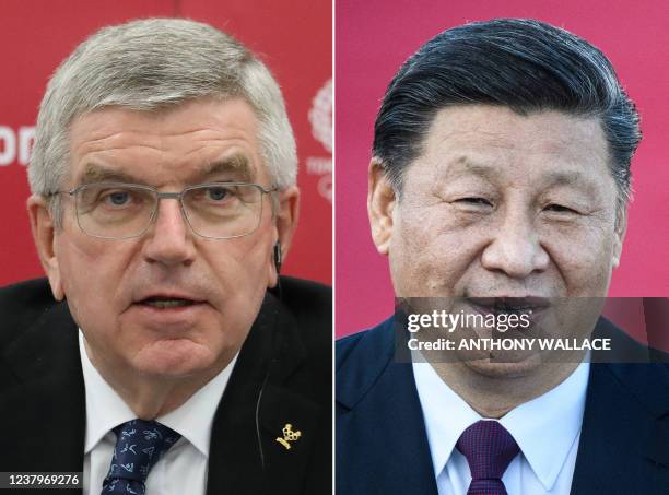 This combination of file photos created on January 25, 2022 shows International Olympic Committee president Thomas Bach at a press conference in...