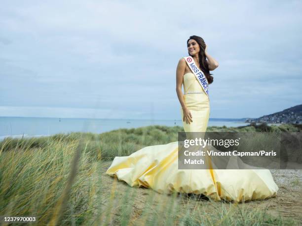 Model and Miss France 2022 Diane Leyre is photographed for Paris Match on December 12, 2021 in Cabourg, France.