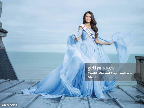 Model and Miss France 2022 Diane Leyre is photographed for Paris Match on December 12, 2021 in Cabourg, France.