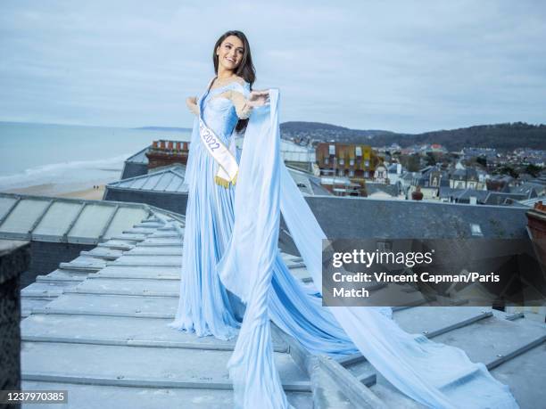 Model and Miss France 2022 Diane Leyre is photographed for Paris Match on December 12, 2021 in Cabourg, France.