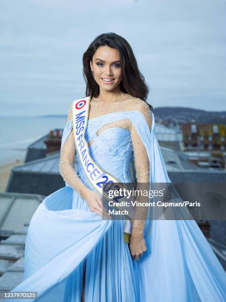 Model and Miss France 2022 Diane Leyre is photographed for Paris Match on December 12, 2021 in Cabourg, France.