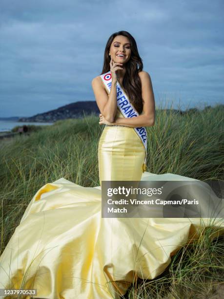 Model and Miss France 2022 Diane Leyre is photographed for Paris Match on December 12, 2021 in Cabourg, France.