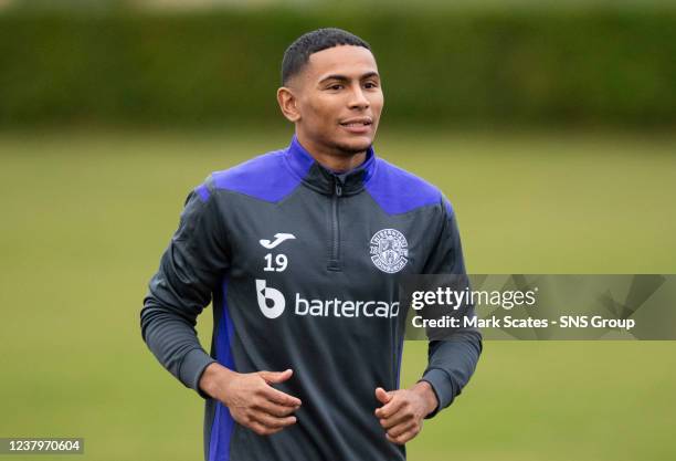 New signing Demetri Mitchell during Hibernian media access at the Hibernian Training Centre, on January 25 in Edinburgh, Scotland.