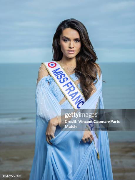 Model and Miss France 2022 Diane Leyre is photographed for Paris Match on December 12, 2021 in Cabourg, France.