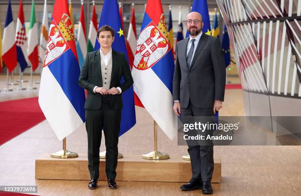 President of EU Council Charles Michel and Serbian Prime Minister Ana Brnabic meet in Brussels, Belgium on January 25, 2022.