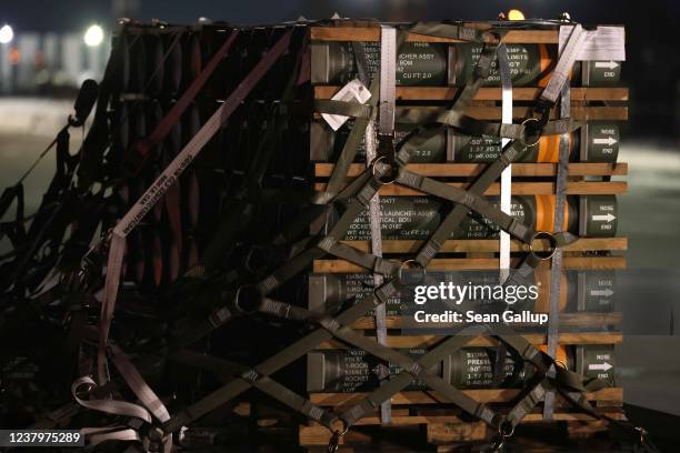 Weapons and other military hardware delivered by the United States military at Boryspil Airport near Kyiv on January 25, 2022 in Boryspil, Ukraine....