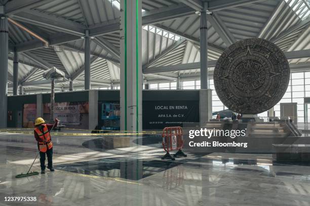 Reproduction of the Aztec Sun Stone calendar at the Felipe Angeles International Airport under construction on the site of the Santa Lucia Air Force...