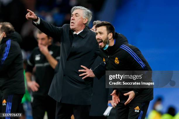 Coach Carlo Ancelotti of Real Madrid, First assistant Davide Ancelotti of Real Madrid during the La Liga Santander match between Real Madrid v Elche...