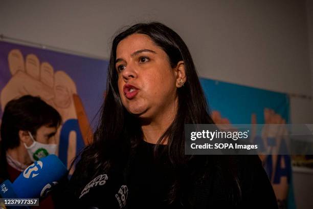 Inês de Sousa Real, leader of PAN, speaks to the media at the rally. Pessoas Animais e Natureza rally in Espaço PAN, Porto, highlights the main ideas...