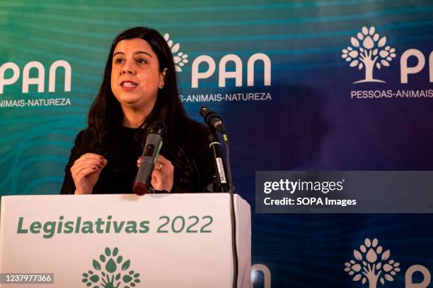 Inês de Sousa Real, leader of PAN, speaks during the rally. Pessoas Animais e Natureza rally in Espaço PAN, Porto, highlights the main ideas of the...