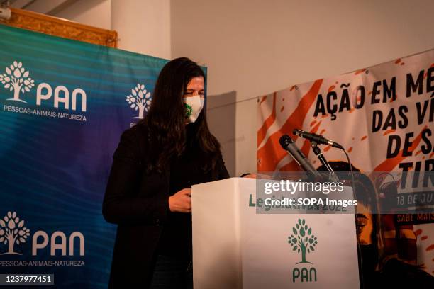 Inês de Sousa Real, leader of PAN, speaks during the rally. Pessoas Animais e Natureza rally in Espaço PAN, Porto, is to highlight the main ideas of...