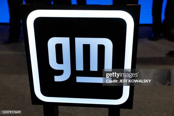 General Motors sign is seen during an event on January 25, 2022 in Lansing, Michigan. - This investment will create 4,000 new jobs and retaining 1...