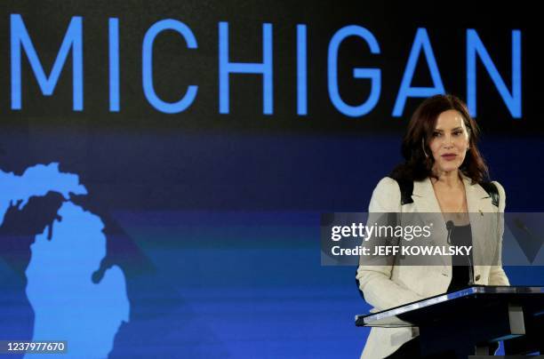 Governor of Michigan Gretchen Whitmer speaks at an event where General Motors announced an investment of more than $7 billion in four Michigan...