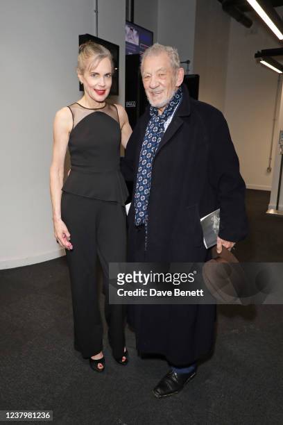 Elizabeth McGovern and Sir Ian McKellen attend an after party following the press night performance of "AVA: The Secret Conversations" at Riverside...