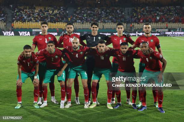 Morocco's players, defender Adam Masina, forward Youssef En-Nesyri, goalkeeper Yassine Bounou, defender Naif Aguerd, defender Romain Saiss and...