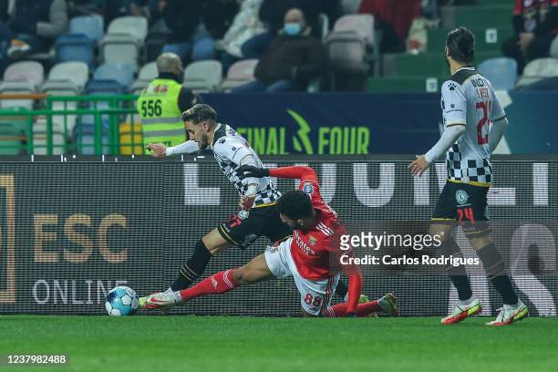 Goncalo Ramos of SL Benfica tackles Luis Santos of Boavista FC during the match between SL Benfica and Boavista FC for the Allianz Cup Portuguese...