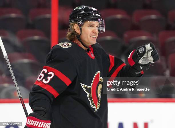 Tyler Ennis of the Ottawa Senators celebrates his first goal of the game against the Buffalo Sabres at Canadian Tire Centre on January 25, 2022 in...