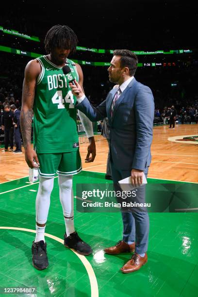 Robert Williams III of the Boston Celtics talks to the media after the game against the Sacramento Kings on January 25, 2022 at the TD Garden in...