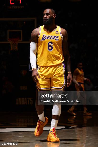 LeBron James of the Los Angeles Lakers looks on during the game against the Brooklyn Nets on January 25, 2022 at Barclays Center in Brooklyn, New...