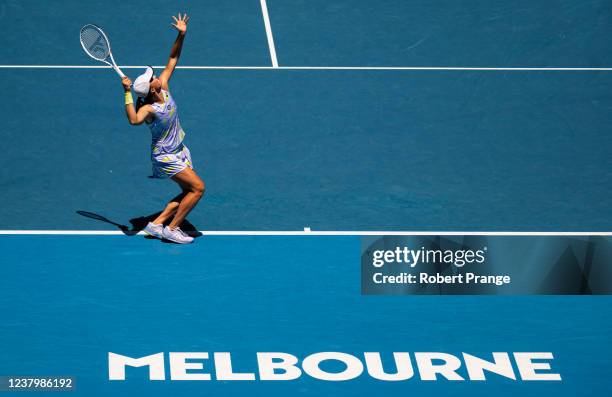 Iga Swiatek of Poland in action during the quarter final singles round against Kaia Kanepi of Estonia at the 2022 Australian Open at Melbourne Park...