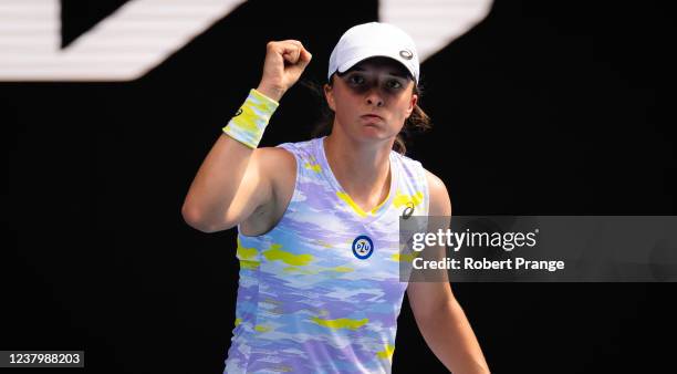 Iga Swiatek of Poland in action during her quarter-final singles round match against Kaia Kanepi of Estonia at the 2022 Australian Open at Melbourne...