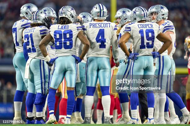 Dallas Cowboys quarterback Dak Prescott leads an offensive team huddle during the NFC Wild Card game between the San Francisco 49ers and the Dallas...