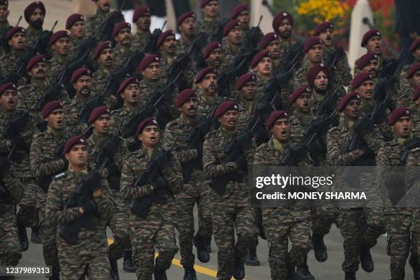 An Indian Army commandos contingent marches during India's 73rd Republic Day parade at the Rajpath in New Delhi in January 26, 2022.