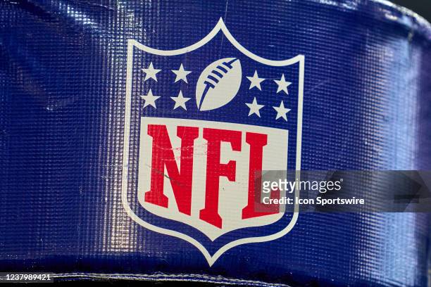 Detail view of the NFL logo crest is seen on a goal post pad during the NFC Wild Card game between the San Francisco 49ers and the Dallas Cowboys on...