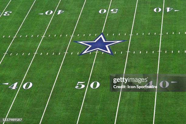 Detail view of the Dallas Cowboys logo is seen at the center of the field during the NFC Wild Card game between the San Francisco 49ers and the...
