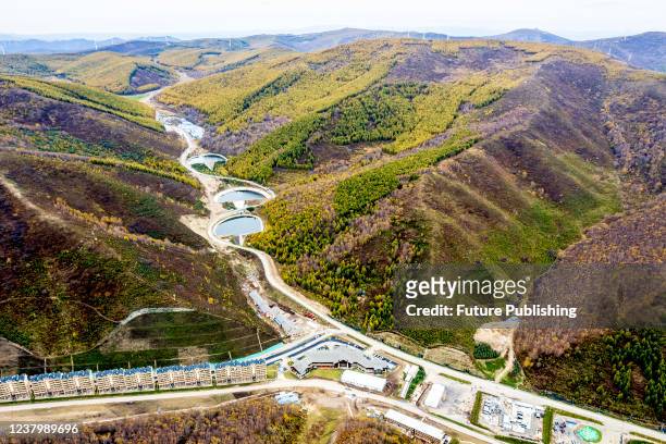 An aerial view of the water tanks for the ski resort at Genting Snow Park, one of the competition venues for the 2022 Beijing Winter Olympics, in...