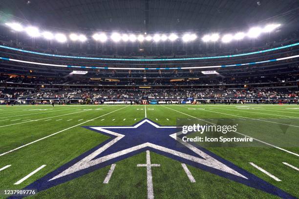 A detail view of the Dallas Cowboys logo is seen at the 50 yard line during the NFC Wild Card game between the San Francisco 49ers and the Dallas...