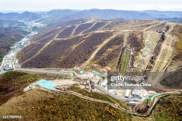 An aerial view of the ski runs on the slopes at Genting Snow Park, one of the competition venues for the 2022 Beijing Winter Olympics, in Zhangjiakou...