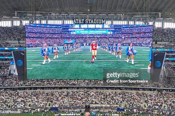Detail view of the Jumbotron at AT&T Stadium is seen with San Francisco 49ers kicker Robbie Gould kicking a field goal as the Dallas Cowboys...