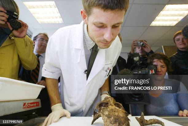 Le paléopathologiste du CHU de Lille, Philippe Charlier, observe, le 29 septembre 2004, le crâne d'Agnès Sorel, maîtresse et inspiratrice du roi de...