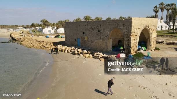 This picture taken on January 25, 2022 shows an aerial view of Dor beach, built over the village of Tantura, where an alleged massacre of Arabs took...