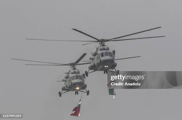 Jan 26: Advance light helicopters from the Indian Air Force fly past during India's 73rd Republic Day parade at the Rajpath on January 26, 2022 in...