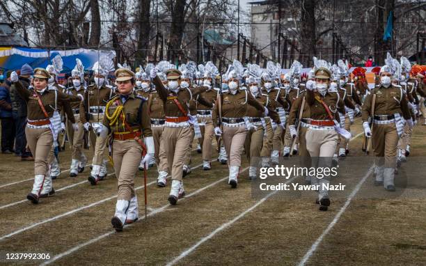 Contingent of Indian police women parade at the Sher- i- Kashmir stadium where the authorities held the main function, during India's Republic Day...