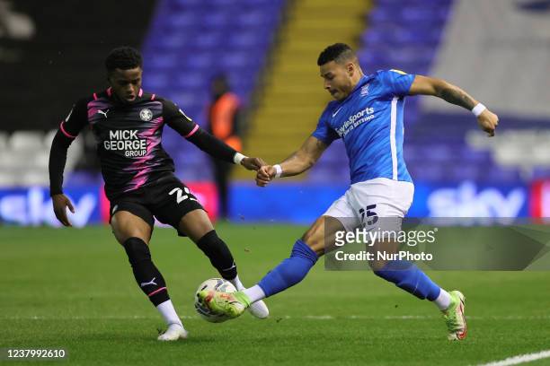 Onel Hernandez of Birmingham City challenges Bali Mumba of Peterborough United during the Sky Bet Championship match between Birmingham City and...