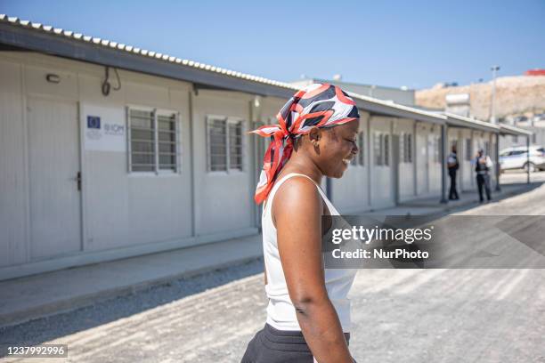 Young woman from Africa in the camp. Inside the new Refugee camp in Samos island that has been created in Greece with the support of the EU, as it is...