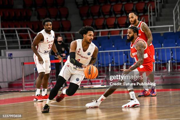 Point guard Jalen Adams of BC Hapoel Bank Yahav Jerusalem dribbles the ball during the Basketball Champions League Play-Ins Game 2 against BC...